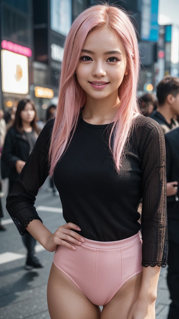masterpiece, 1girl, (photorealistic:1.4), best quality, ultra detailed, (extremely delicate and beautiful face:1.3), (long pink highlight hair:1.2), (brown eyes), (looking 22 years old), wearing (a stylish black outfit), (natural makeup), (bright smile), (standing pose in shibuya crossing), (high resolution, 8k, realistic, hyper detailed), (warm lighting, natural lighting), (vibrant colors, vivid colors), (professional photo, cinematic composition)