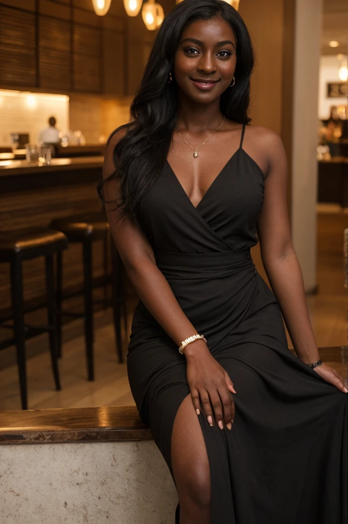 Asha, 1girl, solo, (((Ebony))), (((Dark skin))), (((SFW))), (((non-explicit))), 30 years old, (mature), wearing Wrap Dresses, leaning shot, smiling, upper body and upper legs, medium long hair, inside Fine Dining Restaurants