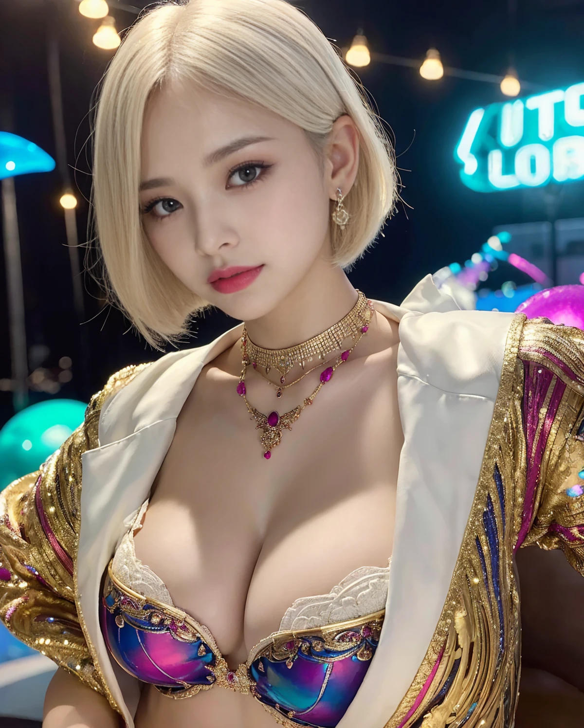(((masterpiece))), Ultra-high resolution, (8K), (((Looks super realistic))), Highest quality, Ultra fine, ((Anatomically correct)), Cinematic lighting, (Super beautiful y 29 year old woman), ((Only one person)), Oval Face, Beautiful Face, smirk, Natural Makeup, Detailed big eyes, double eyelid, Detailed eyebrows, Thick lips, ((Short hair:1.3)), ((White Blonde hair color:1.3)), Detailed skin texture, Glowing Skin, (Alluring large bre3), Perfect and beautiful body, Seductive big ass, Detai and perfectly fitted outfit, (((Colorful and glamorous party suits))scinating earrings, Fascinating Necklace,