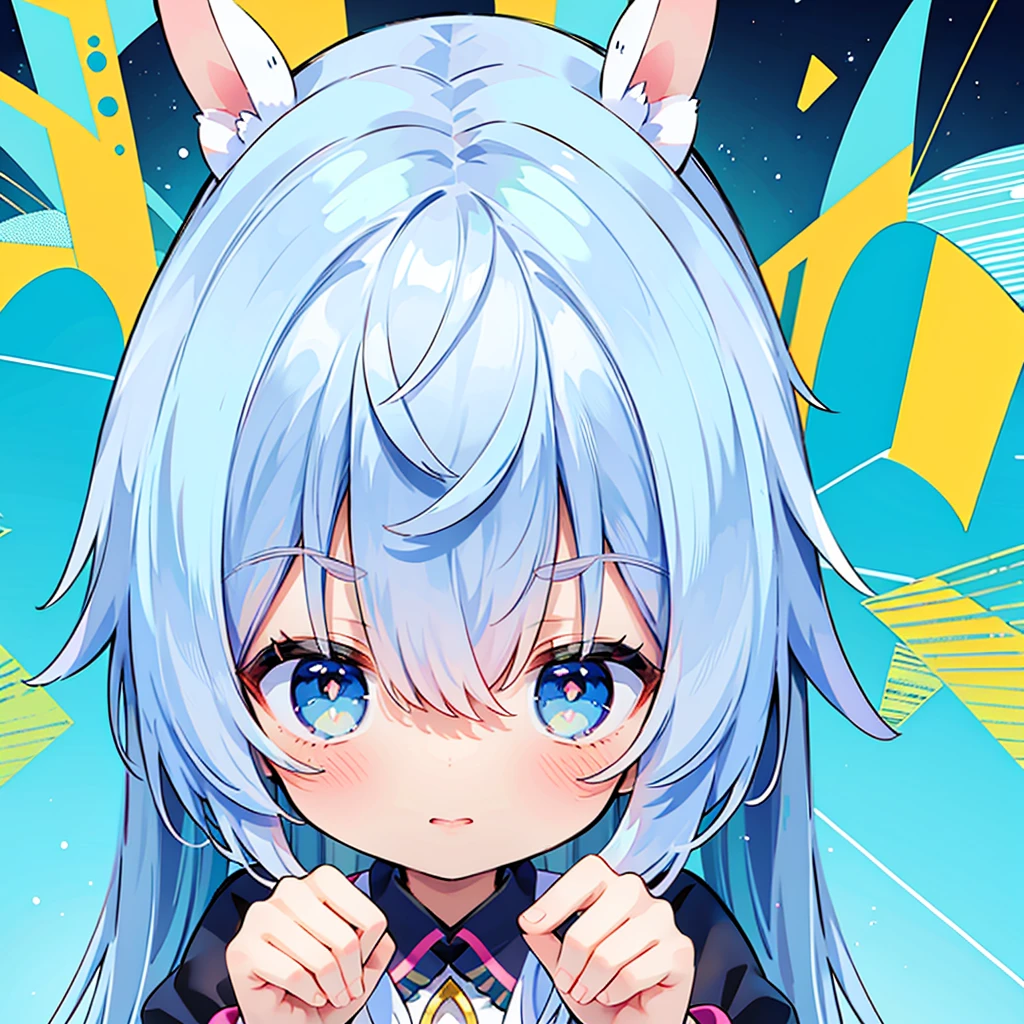 ((Highest quality)), ((masterpiece)), (detailed), One girl, Fine Lines, (Big eyes, The corners of the eyes are droopy and slanted, Lower eyelid corners droop), (Light blue hair, Loosely wrapped, ), ribbon, Frills, Soft and fluffy, fluffy, Tanabata, Pastel feel, Lines drawn over and over again, graffiti, Crouching, Reaching out, from above
