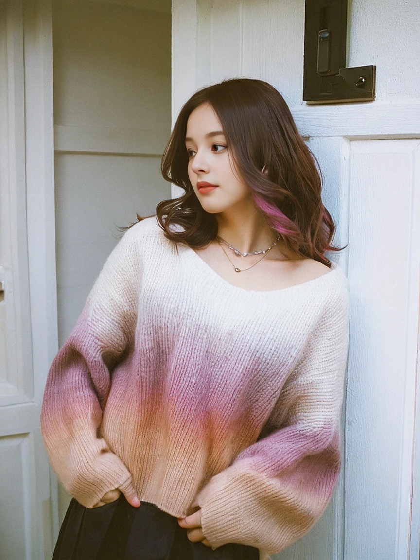 Taken with iPhone camera BREAK Medium shot selfie of cute young woman BREAK (Ombre:1.3) dark brown pink hair color、 BREAK Film Grain、medium quality、Japanese、Autumn Clothes、Winter clothes、Simple Necklace、Winter clothes、sweater、Various poses、White wall、In front of a white door、(窓のあるWhite wallの部屋)、