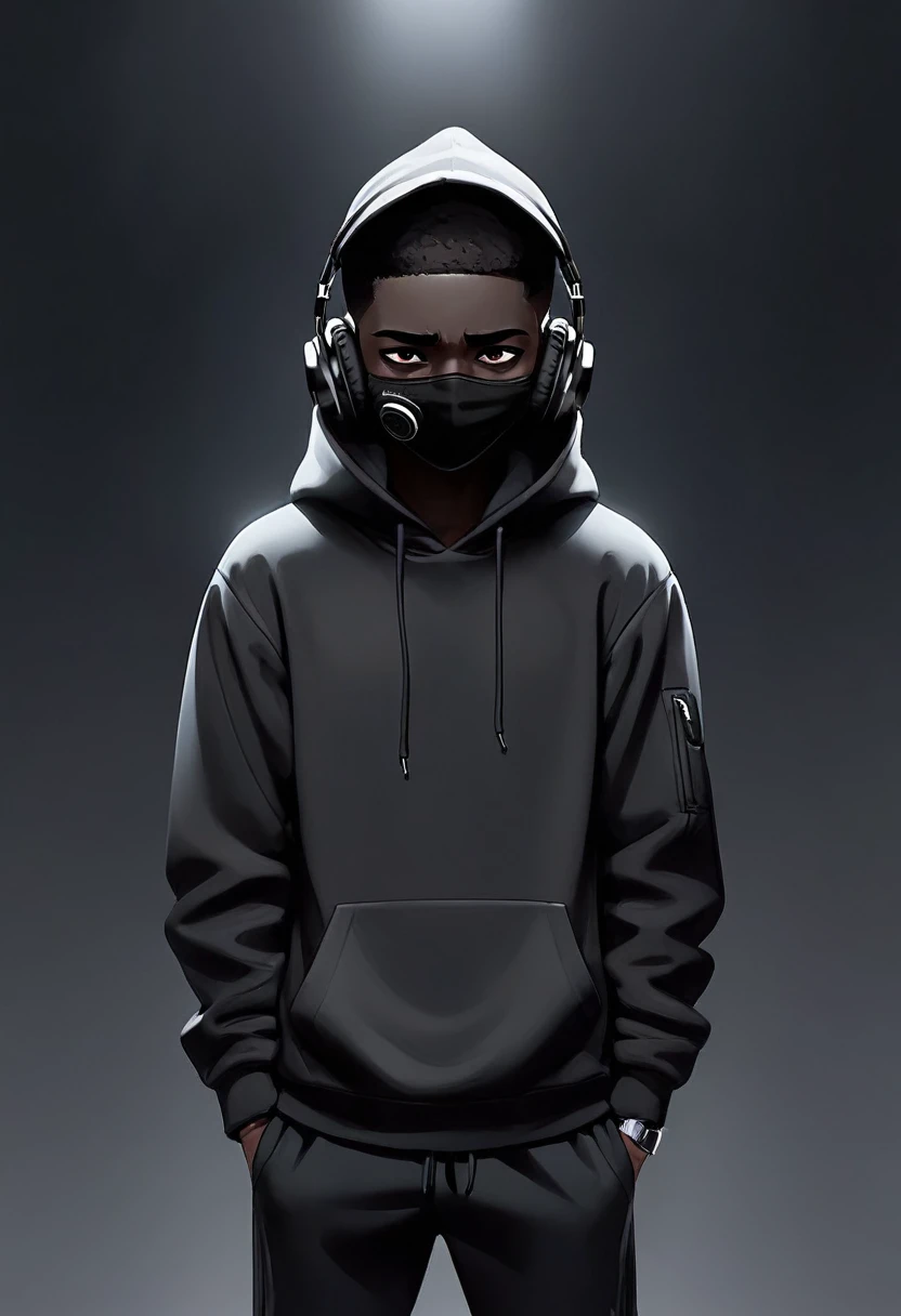boy whith hoodie and headset , black face mask 
depressed , black clothes,  dark image , 