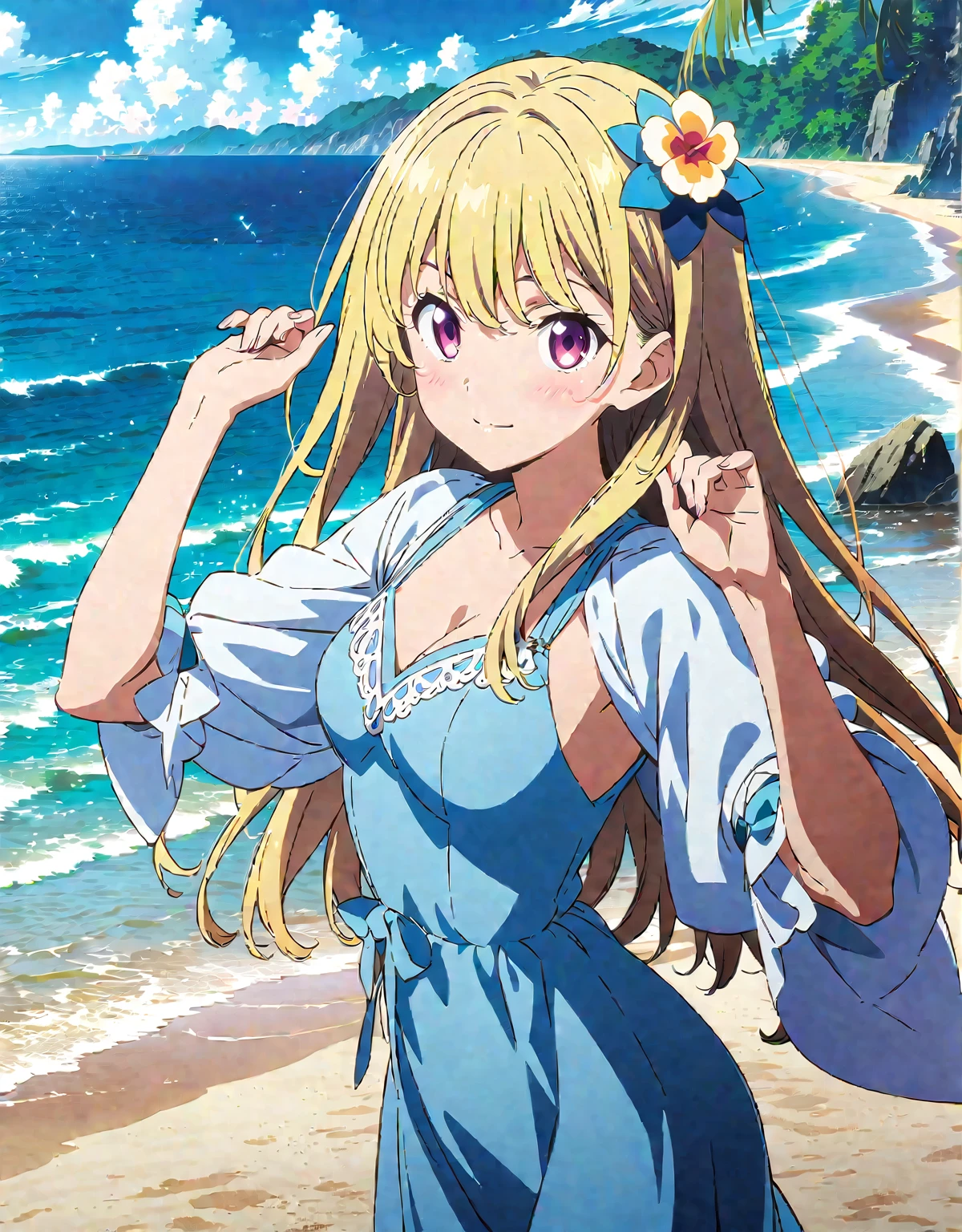 Anime key visual,Anime girl with blue hair and a blue dress posing on the beach, Fine details. Girls' Frontline, Smooth anime CG art, I also make fan art, style, Splash art anime , Detailed digital anime art, blonde anime girl with long hair, Attractive anime girl, Beautiful Anime Girls