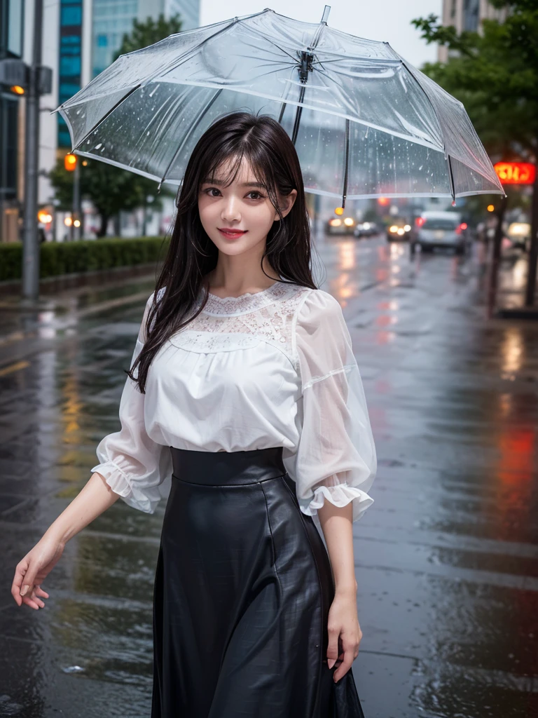 detailed,((best quality, 8K, masterpiece: 1.3)),upper body,dark brown hair, black eye,sharp focus: 1.2, beautiful woman with a perfect body: 1.4, ((Medium Hair, large: 1.2)), (small and beautiful hard (White blouse with lace、darkturquoise Gingham long maxi- skirt), (wet from rain: 1.2), (rain, street: 1.2), wet body: 1.1, Highly detailed face and skin texture, detailed eyes,White skin,,E cup,smile,Financial district of the big city,Skyscraper,White skin,Beautiful face,Modern skyscraper,