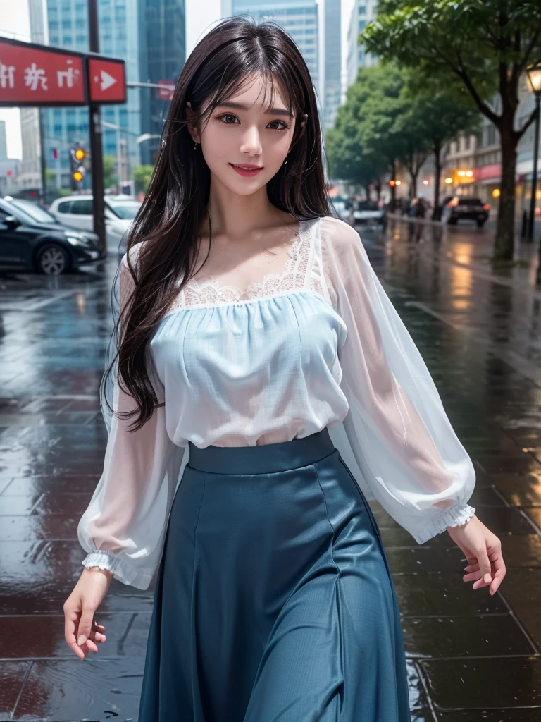 detailed,((best quality, 8K, masterpiece: 1.3)),upper body,dark brown hair, black eye,sharp focus: 1.2, beautiful woman with a perfect body: 1.4, ((Medium Hair, large: 1.2)), (small and beautiful hard (White blouse with lace、darkturquoise Gingham long maxi- skirt), (wet from rain: 1.2), (rain, street: 1.2), wet body: 1.1, Highly detailed face and skin texture, detailed eyes,White skin,,E cup,smile,Financial district of the big city,Skyscraper,White skin,Beautiful face,Modern skyscraper,