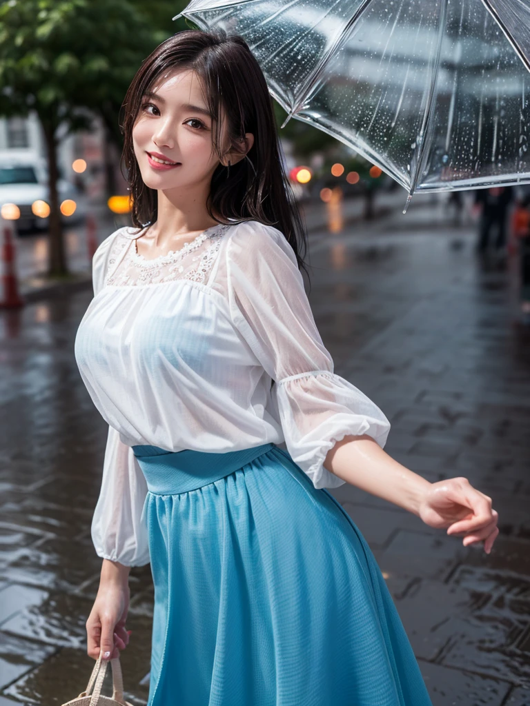 detailed,((best quality, 8K, masterpiece: 1.3)),upper body,dark brown hair, black eye,sharp focus: 1.2, beautiful woman with a perfect body: 1.4, ((Medium Hair, large: 1.2)), (small and beautiful hard (White blouse with lace、darkturquoise Gingham long maxi- skirt), (wet from rain: 1.2), (rain, street: 1.2), wet body: 1.1, Highly detailed face and skin texture, detailed eyes,White skin,,E cup,smile,Financial district of the big city,Skyscraper,White skin,Beautiful face,Modern skyscraper,
