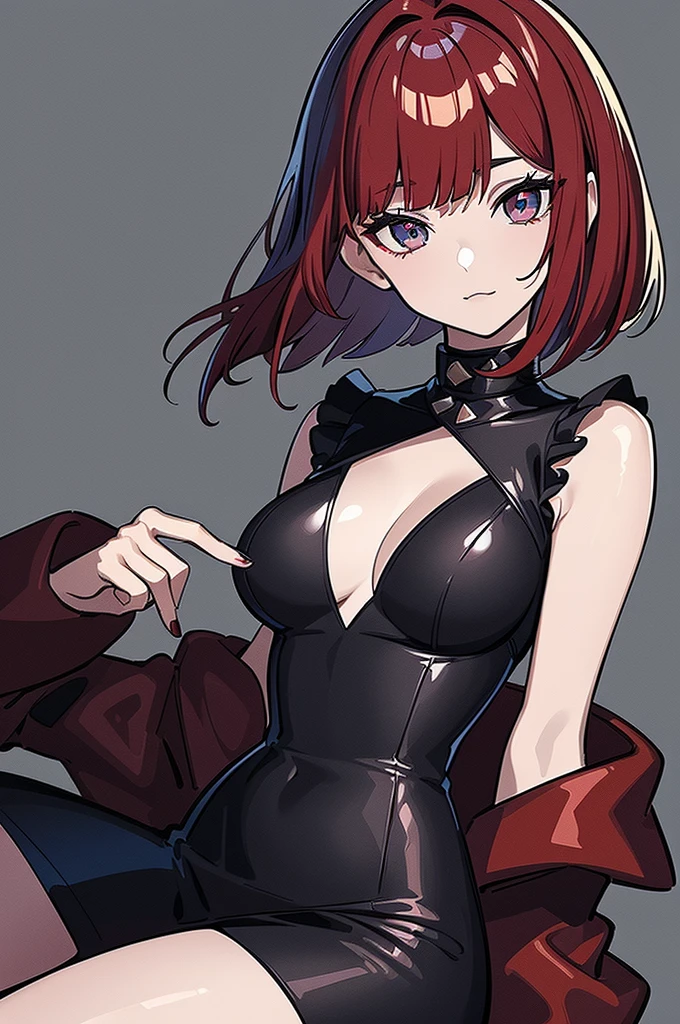 a beautiful girl with red hair wearing a black dress, detailed facial features, bob haircut, full body illustration, woman wearing a long black and red coat, solo character, white background, anime style, highly detailed, photorealistic, 8k, best quality, masterpiece, blue eyes, short hair