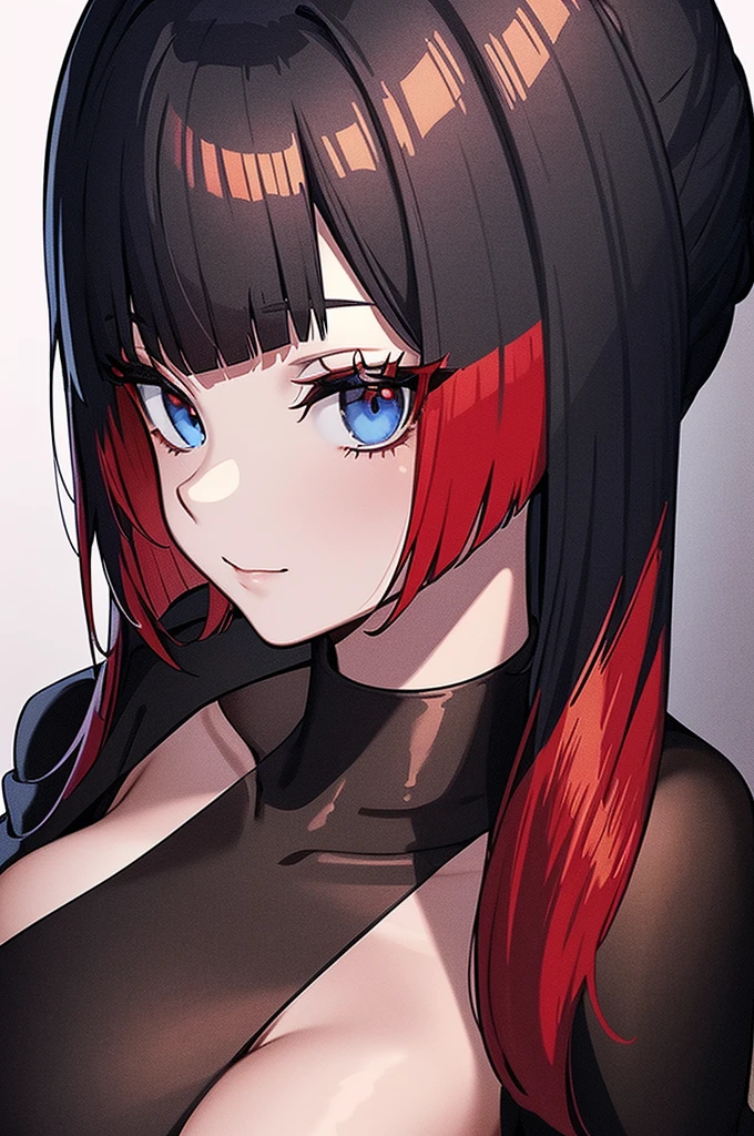 a beautiful girl with red hair wearing a black dress, detailed facial features, bob haircut, full body illustration, woman wearing a long black and red coat, solo character, white background, anime style, highly detailed, photorealistic, 8k, best quality, masterpiece, blue eyes, short hair