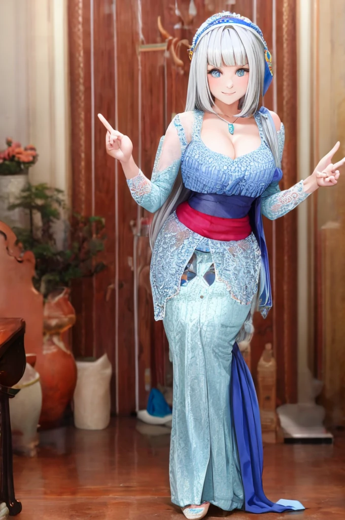 masterpiece, best quality,  big tits, MyleneHFV4, 1girl, solo, looking at viewer, cleavage, jewelry, hairband, blue hairband, necklace, blunt bangs, standing pose, slight smile, kebaya 