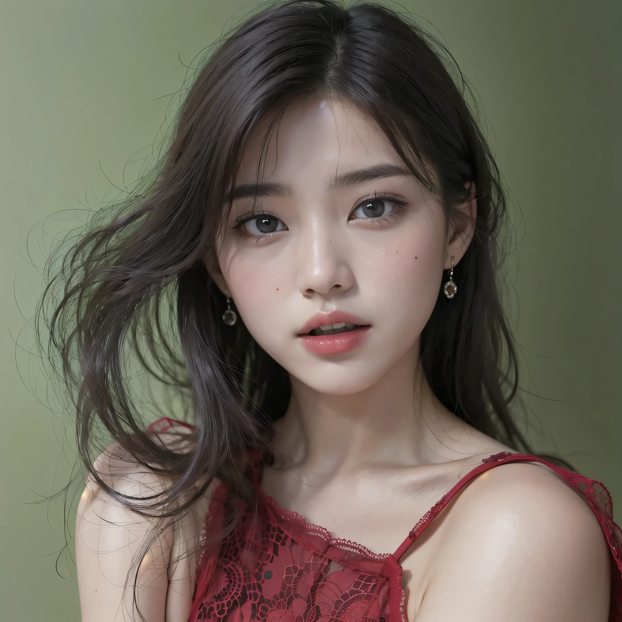 ((Highest quality)), ((masterpiece)), (detailed), Perfect Face,Very detailed,High resolution,26 years old,White Skin 4K,ultra High resolution,Detailed shadows,ultra realistic,Realistic,Dramatic lighting,One woman,alone,Detailed face,Realistic eyes,Realistic skin,Red dress,Black Hair