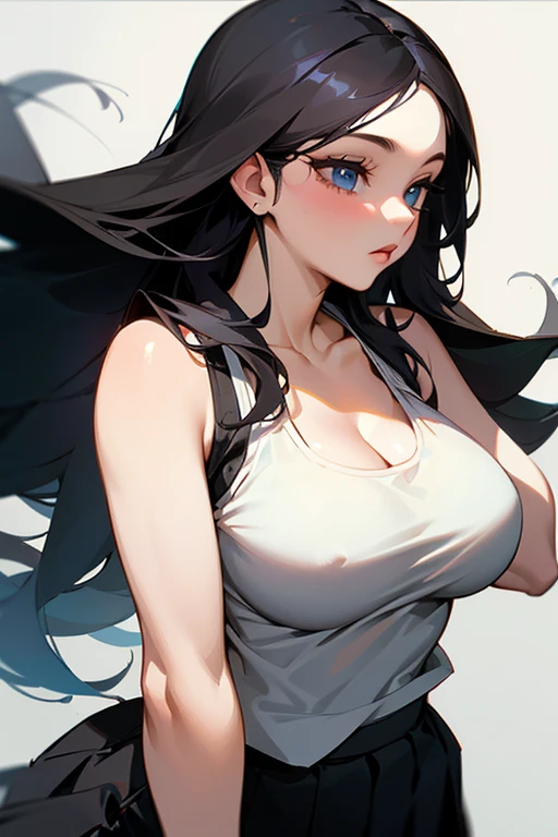 Long black hair, pure girl, Madonna, uniform, beautiful girl, beauty, big breasts, pleated skirt, tank top