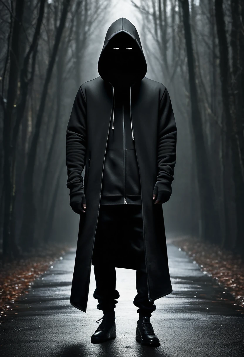 arafed man in a hooded jacket standing in the dark, hooded figure, wearing a dark hood, faceless people dark, hooded figure surreal, dark high-contrast concept art, obscured hooded person walking, hooded figures, dark illustration, in a black hoodie, in a hoodie, wearing a hood, clothed in hooded, cloaked, in a hood , face mask 