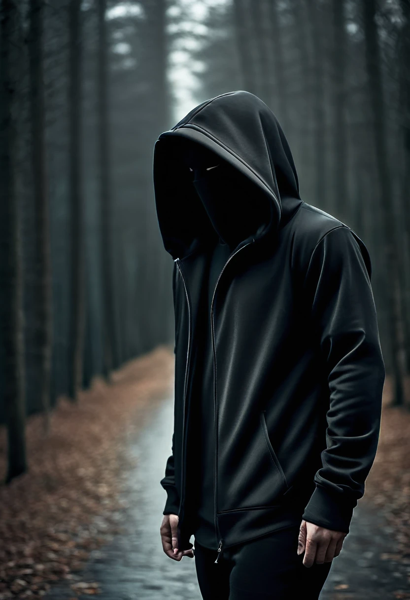 arafed man in a hooded jacket standing in the dark, hooded figure, wearing a dark hood, faceless people dark, hooded figure surreal, dark high-contrast concept art, obscured hooded person walking, hooded figures, dark illustration, in a black hoodie, in a hoodie, wearing a hood, clothed in hooded, cloaked, in a hood , face mask