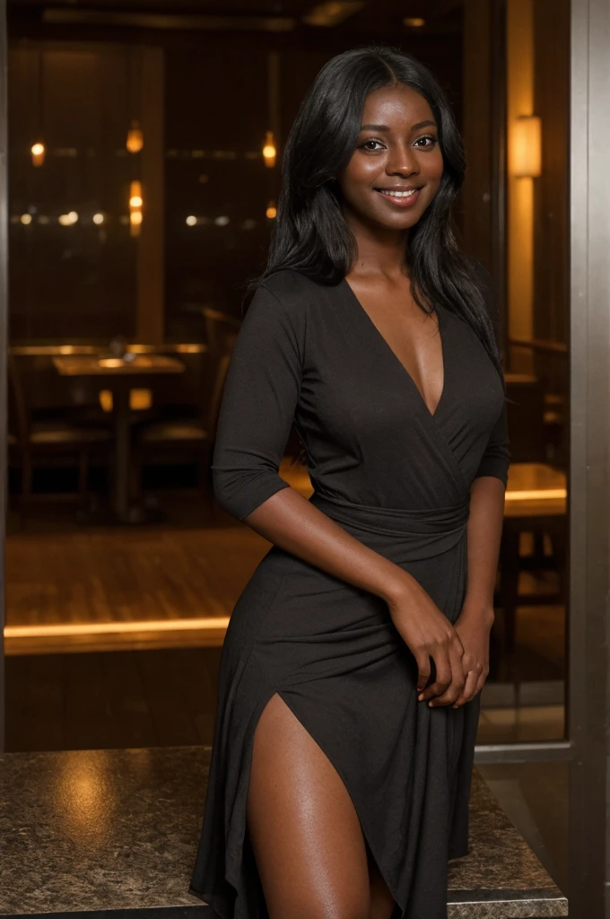 Asha, 1girl, solo, (((Ebony))), (((Dark skin))), (((SFW))), (((non-explicit))), 30 years old, (mature), wearing Wrap Dresses, leaning shot, smiling, upper body and upper legs, medium long hair, inside Fine Dining Restaurants