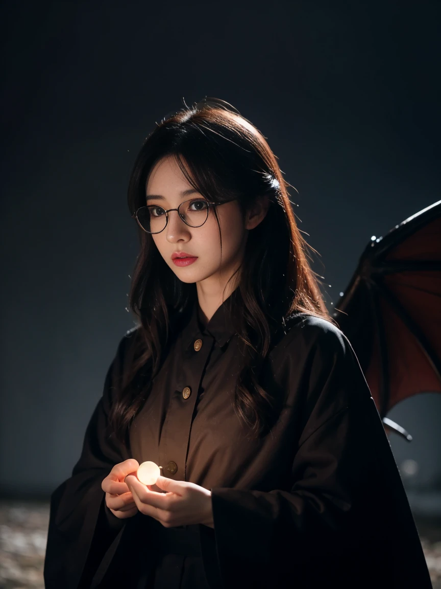 Dark Fantastic Night , Behind me is a big, Scary castle , Lots of bats , big, red, Fantastic Moon , Some cliffs , 2. A cave far from the cliff , Some stones , Broken pillars , There are many magical glowing stones around her , A dragon far away in the dark sky, Horror Scene , 美しい女性のdevil , redい魔法の非常に明るい目 , A small magical sphere glowing red in both hands at the same time , オーブを見つめる女性のdevil , Dark Big Wing , Very detailed顔 , ((((Round Glasses))))、 (Very detailedなシーン) , (Ultra-detailed orbs) , (Super beautiful face) , (Ultra-detailed Moon) , (Ultra-detailed castle) , (Ultra-precision needles) , (Very detailed wings) Blood splattered on the body, Pale face , Dark Red Lip , Black Devil Wear , Shaped body , 彼女の周りのredい魔法 , redマナのローテーション、Highest quality, Very detailed, Realistic, Portraiture, Dark and spooky atmosphere, Glowing Eyes, Spiritual Beings, Unforgettable美しい, Ghostly figures, Swirling Mist, 超nature的存在, devil'nature, Shadow-like shape, Spooky whispers, Ominous Aura, Odd pale skin, Dark and twisted branches, Flickering candle light, Spooky elements, Mysterious and enigmatic, Spectral emergence, Gothic art style, charm, Spectral range, Extreme depression, Otherworldly beauty, Mysterious glow, Unforgettable'Don't forget, Cold atmosphere, Spooky and ominous lighting.
