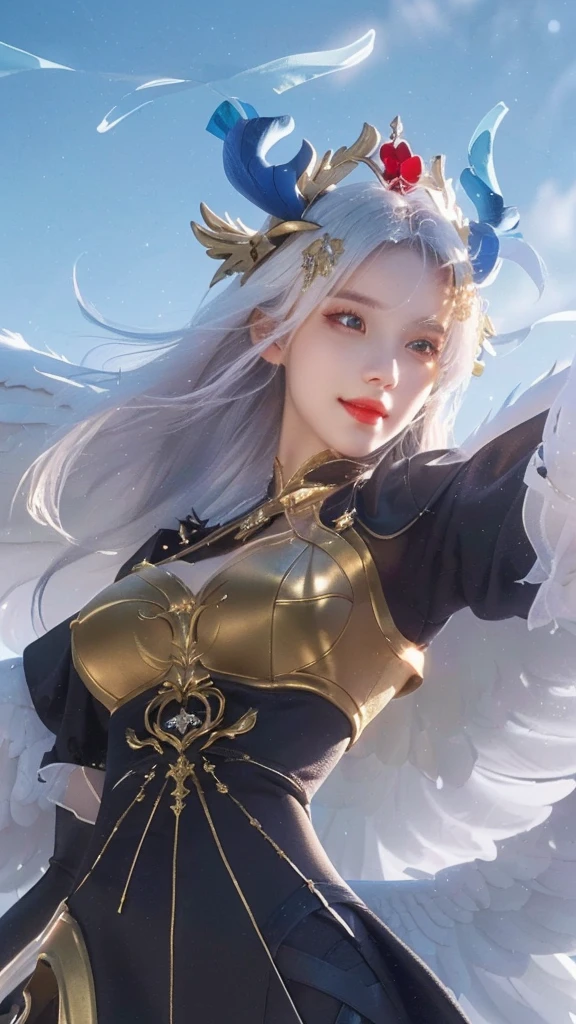 a close up of a girl with a sword and wings, white hair, with blue deer horn, smiling, portrait, knights of zodiac girl, (best quality,4k,8k,highres,masterpiece:1.2),ultra-detailed,(realistic,photorealistic,photo-realistic:1.37),HDR,UHD,studio lighting,ultra-fine painting,sharp focus,physically-based rendering,extreme detail description,professional,vivid colors,bokeh,portrait,fantasy,magical realism