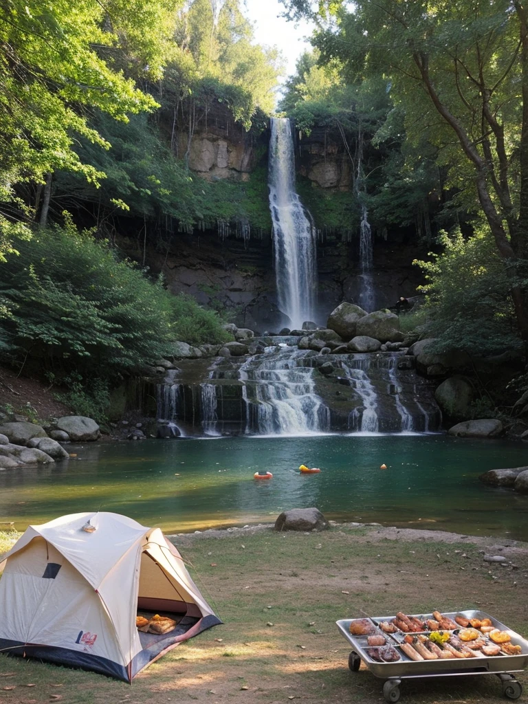 a tranquil camping scene with a tent, survival tools, and bBQ and a beautiful lake with a waterfall in the background, serene and peaceful atmosphere, realistic, photorealistic, photo-realistic, high quality, hyper detailed, 8k, masterpiece, vibrant colors, natural lighting, soft focus, serene landscape