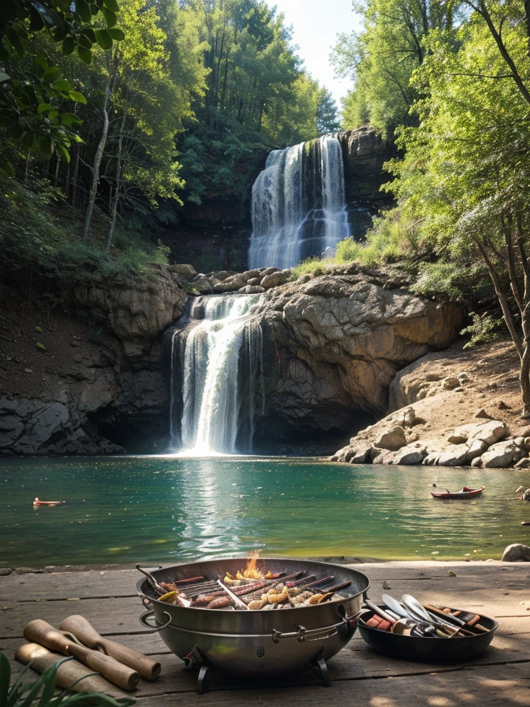 a tranquil camping scene with a tent, survival tools, and bBQ and a beautiful lake with a waterfall in the background, serene and peaceful atmosphere, realistic, photorealistic, photo-realistic, high quality, hyper detailed, 8k, masterpiece, vibrant colors, natural lighting, soft focus, serene landscape