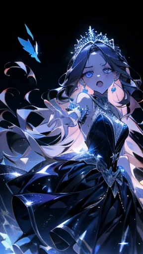 A princess screaming in hatred, detailed face, blue eyes, glowing black dress, very long hair, flying hair, magical, dark background