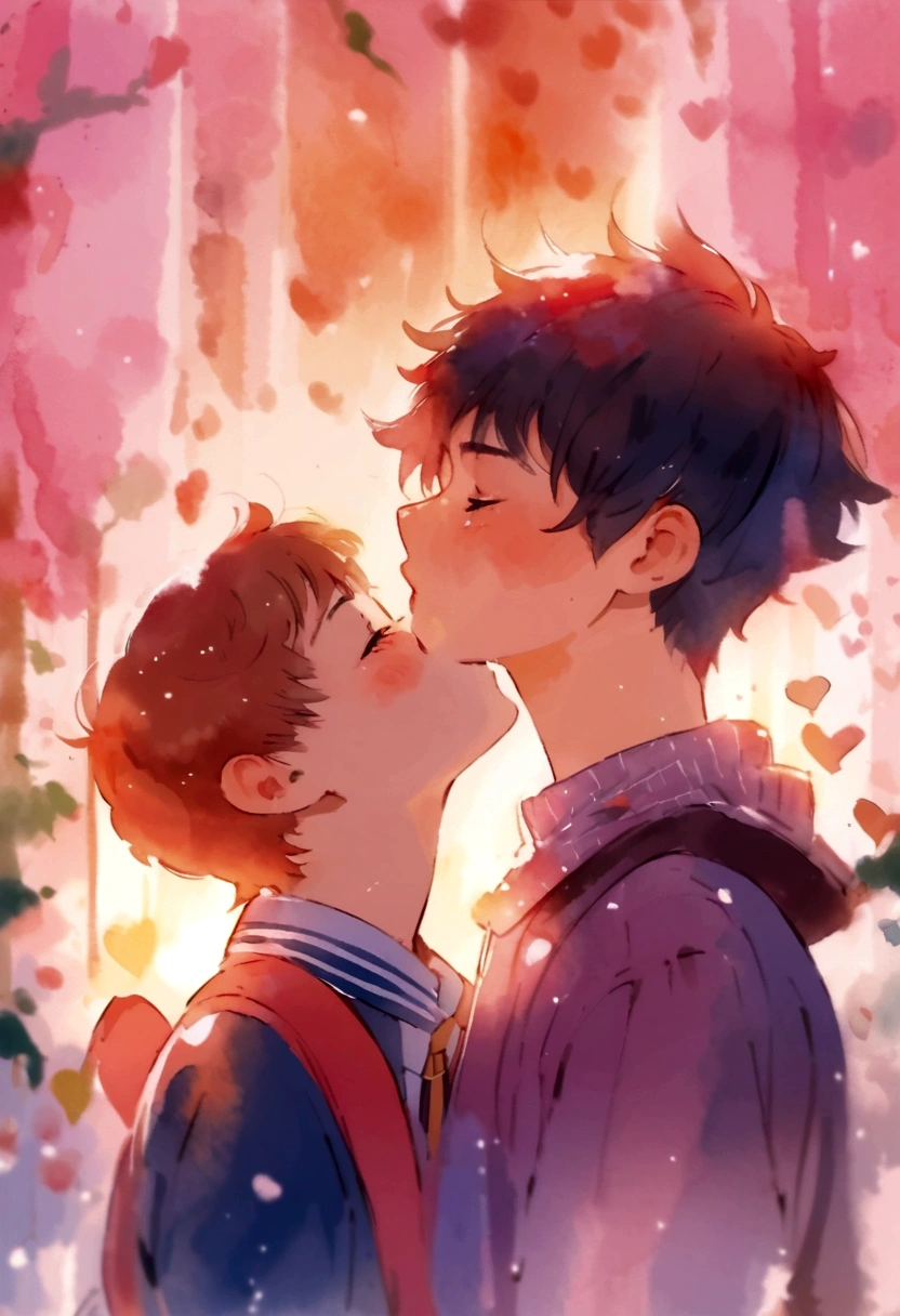 Non-binary girl accidentally kisses Asian trans boy at school, Watercolor style