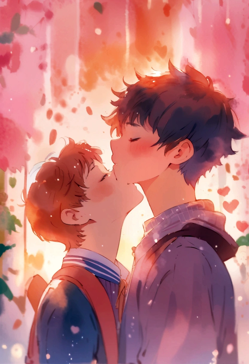 Non-binary girl accidentally kisses Asian trans boy at school, Watercolor style