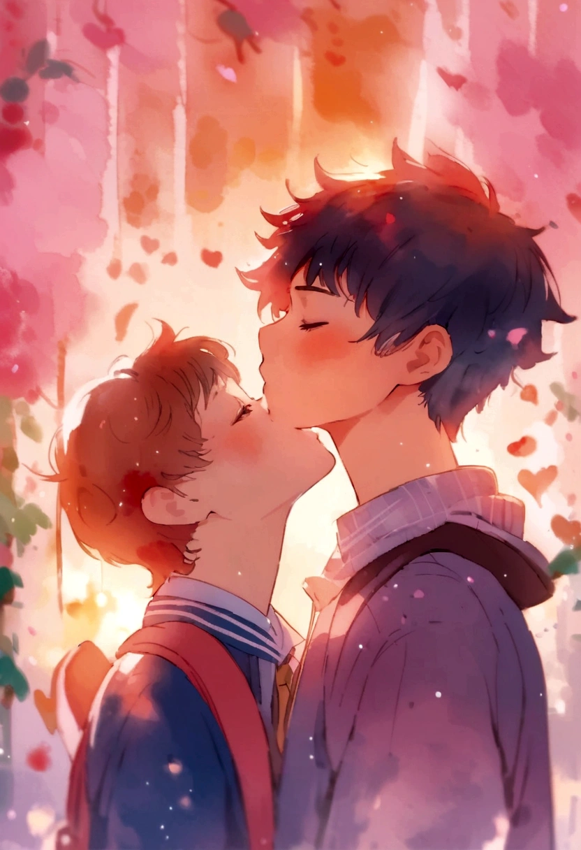 Non-binary girl accidentally kisses Asian trans boy at school, Watercolor style
