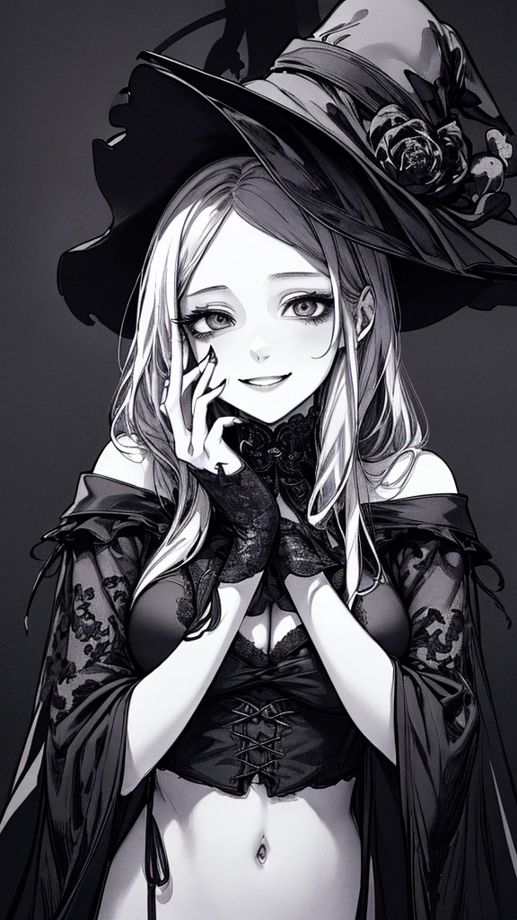 Highest quality, (Background details), High Contrast, Very beautiful woman, Detailed original illustrations、functional、witch、Pointed hat、Black Robe、Delicate face、charm、Villainess、sexy、Real breasts、Crazy Smile, Crazy Eyes,   Black background, (Black background: 1.5), Beautiful line art、Monochrome
