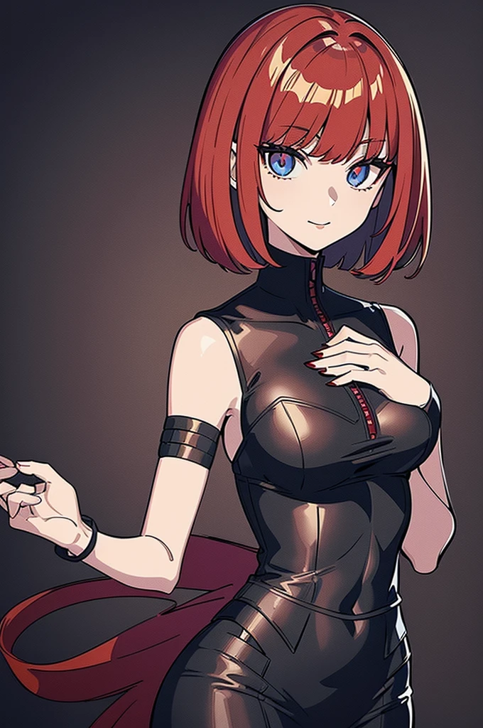 a beautiful girl with red hair wearing a black dress, detailed facial features, bob haircut, full body illustration, woman wearing a long black and red coat, solo character, white background, anime style, highly detailed, photorealistic, 8k, best quality, masterpiece, blue eyes, short hair