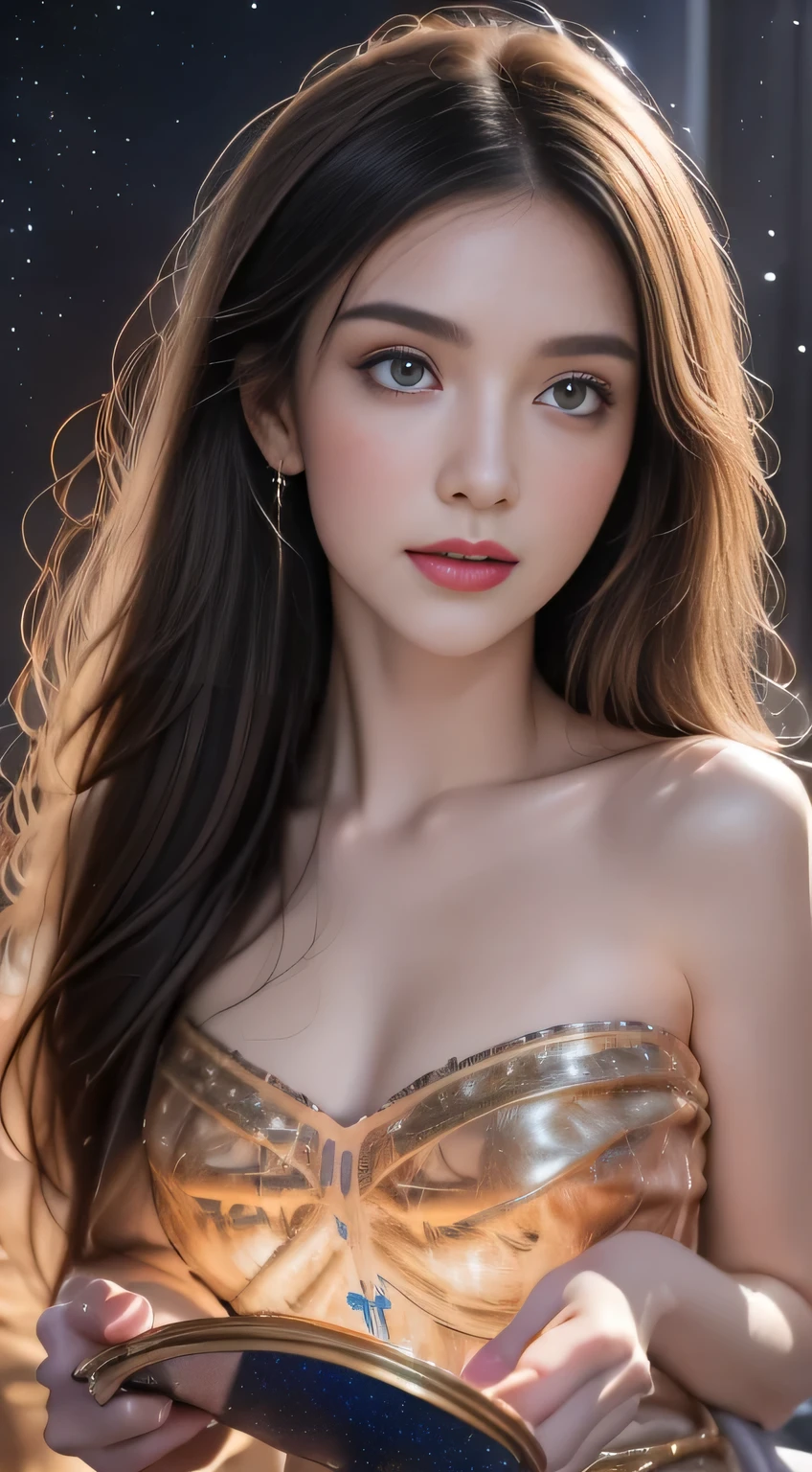 artwork, Surrealism, Very detailed, Intricate details, painting, best quality, universe, Starry Sky, A woman holding a double plate scale, Pound sign concept, Golden Ratio, beautiful, universe concept, 8K, light, Starry Sky background, Vibrant colors, Ultra HD, author:Greg Rutkowski