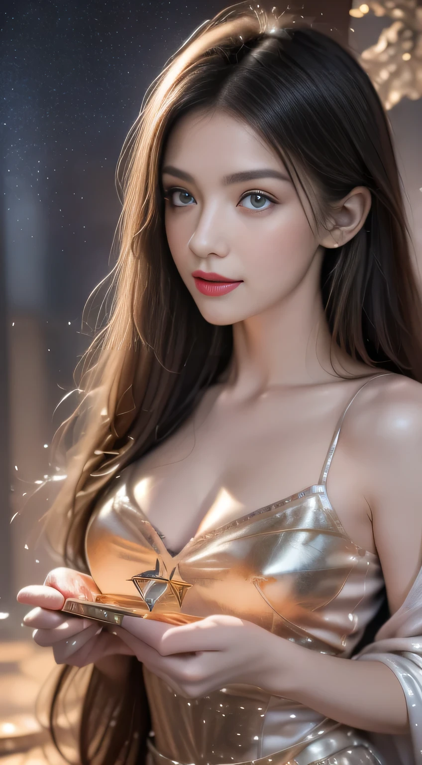 artwork, Surrealism, Very detailed, Intricate details, painting, best quality, universe, Starry Sky, A woman holding a double plate scale, Pound sign concept, Golden Ratio, beautiful, universe concept, 8K, light, Starry Sky background, Vibrant colors, Ultra HD, author:Greg Rutkowski
