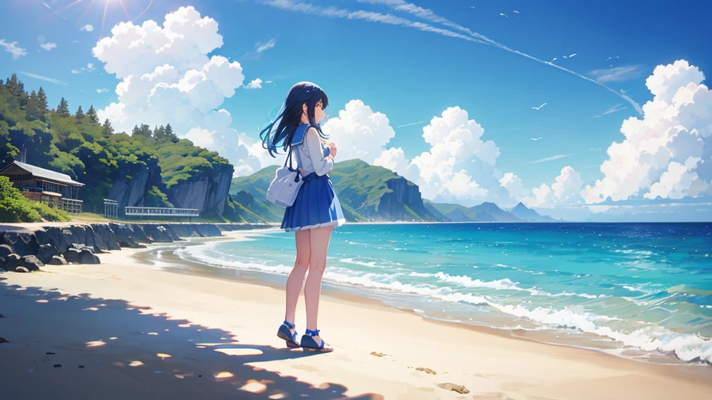 In the beautiful scenery of blue sky and sea、白いドレスを着たgirlが立っている。She stands quietly on the beach、I'While stroking my hair, Blowing in the Wind。girl'The expression is calm.、Smile。Her white dress gives a neat and elegant impression..、It depicts fluttering in the wind。The blue sky is beautiful、The ocean waves are rolling quietly、In the distance, I can see the horizon。The background is the coast and sandy beach、Seabirds and shells are sometimes depicted..、Expressing the calm atmosphere of the sea。girl and the background are in harmony、Create illustrations that evoke a sense of quiet happiness.。