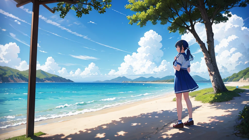 In the beautiful scenery of blue sky and sea、白いドレスを着たgirlが立っている。She stands quietly on the beach、I&#39;While stroking my hair, Blowing in the Wind。girl&#39;The expression is calm.、Smile。Her white dress gives a neat and elegant impression..、It depicts fluttering in the wind。The blue sky is beautiful、The ocean waves are rolling quietly、In the distance, I can see the horizon。The background is the coast and sandy beach、Seabirds and shells are sometimes depicted..、Expressing the calm atmosphere of the sea。girl and the background are in harmony、Create illustrations that evoke a sense of quiet happiness.。