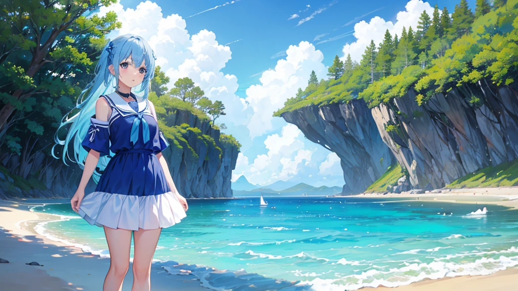 In the beautiful scenery of blue sky and sea、白いドレスを着たgirlが立っている。She stands quietly on the beach、I'While stroking my hair, Blowing in the Wind。girl'The expression is calm.、Smile。Her white dress gives a neat and elegant impression..、It depicts fluttering in the wind。The blue sky is beautiful、The ocean waves are rolling quietly、In the distance, I can see the horizon。The background is the coast and sandy beach、Seabirds and shells are sometimes depicted..、Expressing the calm atmosphere of the sea。girl and the background are in harmony、Create illustrations that evoke a sense of quiet happiness.。