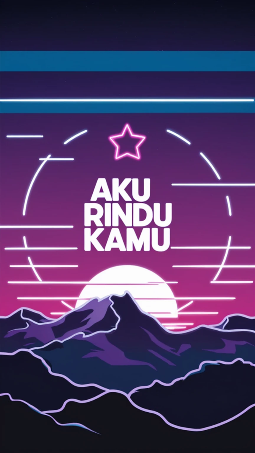 close up of medium size purple and blue sunset over the mountains, in the sky there is a star in the shape of love and in the middle there is the words "AKU RINDU KAMU", vaporwave lighting style, vaporwave wallpaper environment, neon synth wave, vaporwave sunrise background, neon landscape, retro wave vibes, retro wave vibes, retro pink synthwave style, synthwave background, aesthetic synthwave, 4k synthwave art style