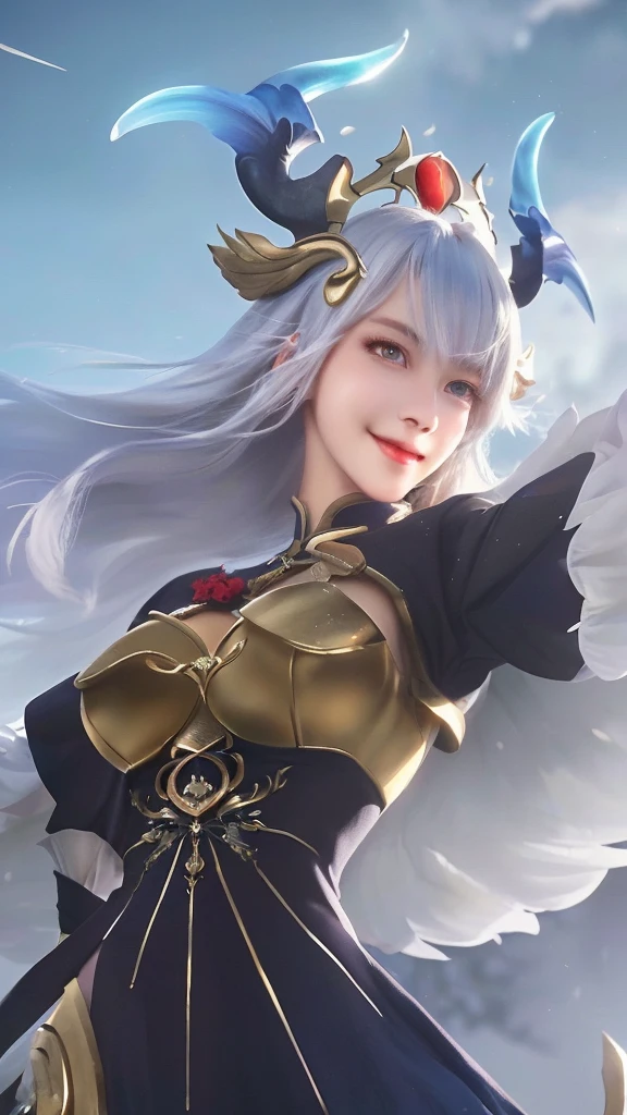 a close up of a girl with a sword and feather, white hair, with blue deer horn, smiling, portrait, knights of zodiac girl, (best quality,4k,8k,highres,masterpiece:1.2),ultra-detailed,(realistic,photorealistic,photo-realistic:1.37),HDR,UHD,studio lighting,ultra-fine painting,sharp focus,physically-based rendering,extreme detail description,professional,vivid colors,bokeh,portrait,fantasy,magical realism