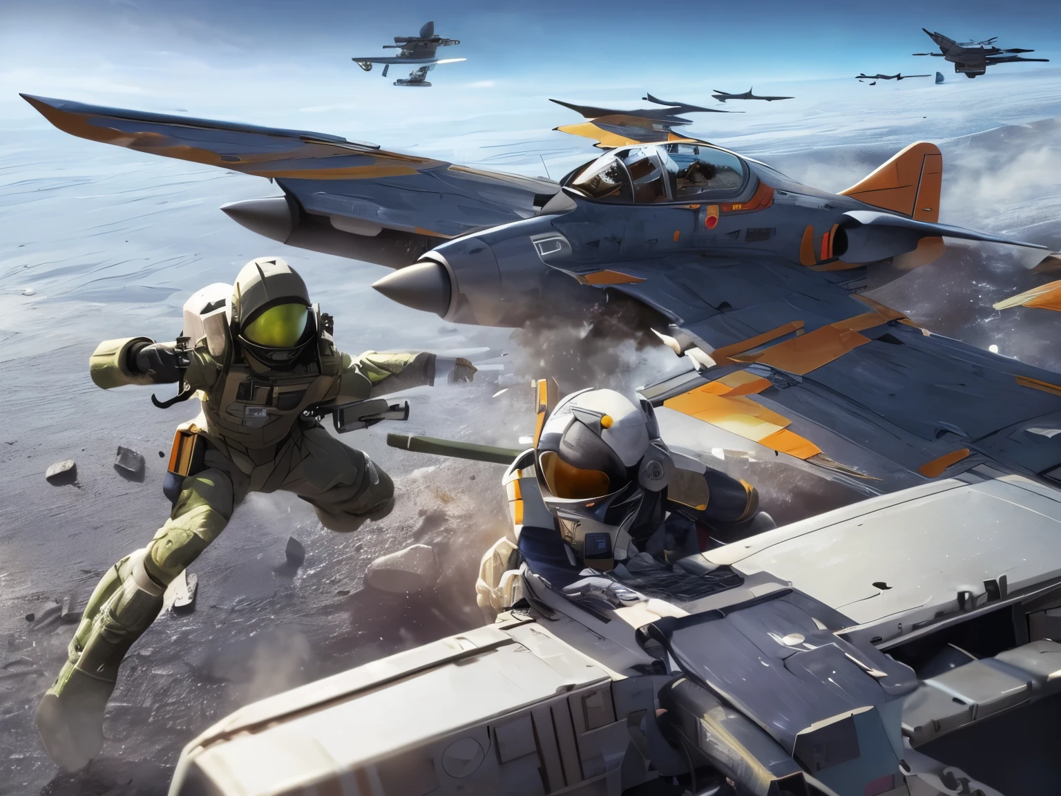 Harsh Space War, fighting powered suit armies, soldiers, falling space colony, many fighter planes,