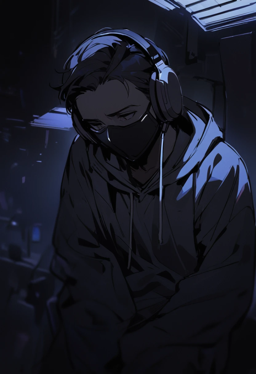 boy whith hoodie and headset , black face mask
depressed , black clothes, dark image ,