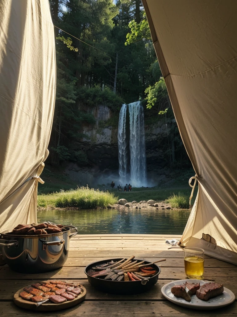 a tranquil camping scene,tent,survival tools,BBQ,beautiful lake,waterfall in the background,serene and peaceful atmosphere,(realistic,photorealistic,photo-realistic:1.37),(best quality,8k,highres,masterpiece:1.2),ultra-detailed,vibrant colors,natural lighting,soft focus,serene landscape