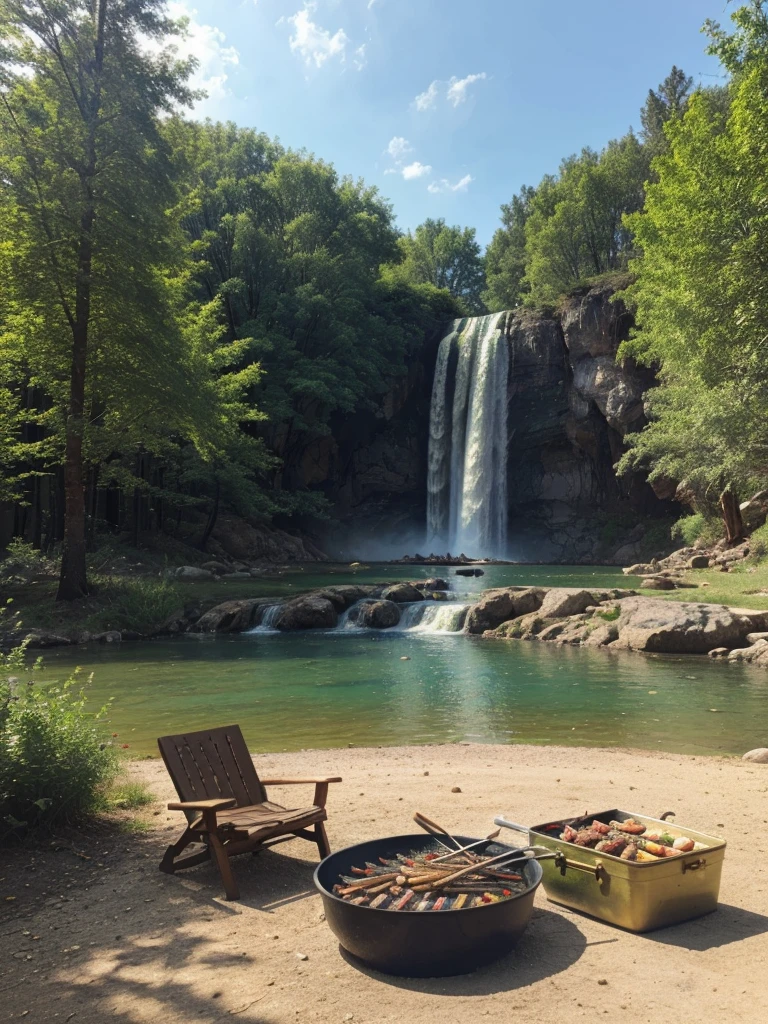 a tranquil camping scene,tent,survival tools,BBQ,beautiful lake,waterfall in the background,serene and peaceful atmosphere,(realistic,photorealistic,photo-realistic:1.37),(best quality,8k,highres,masterpiece:1.2),ultra-detailed,vibrant colors,natural lighting,soft focus,serene landscape