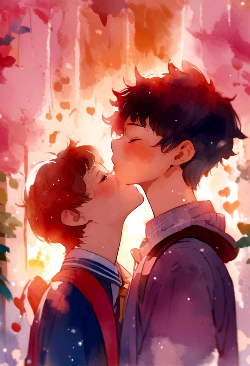 Non-binary girl accidentally kisses Asian trans boy at school, Watercolor style