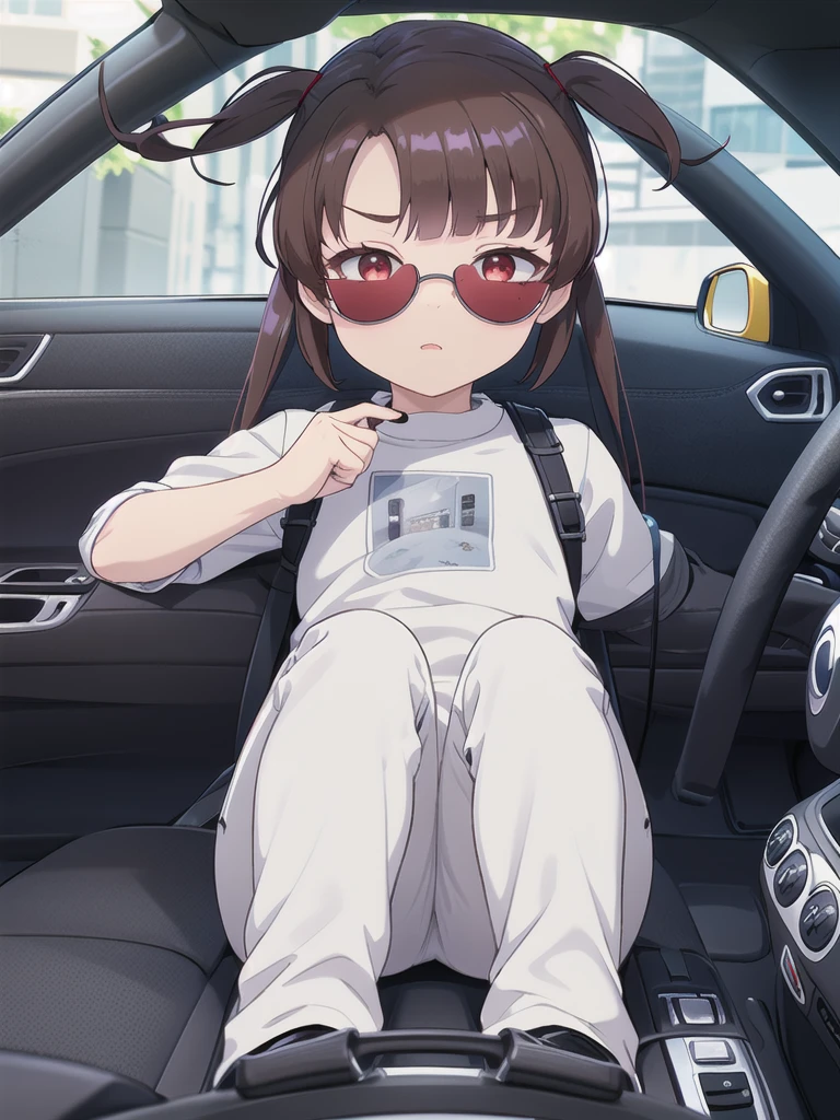 In the car,Convertible,Sitting,((Behind the wheel of a car)),Looking Ahead,driving,1 Girl, 独奏, Red eyes,((Wearing black sunglasses)),, Twin tails, brown hair,crawling,((顔 focus)),upper body,black leather jumper,White slacks, bangs, eyebrows visible through hair, Flat Chest,