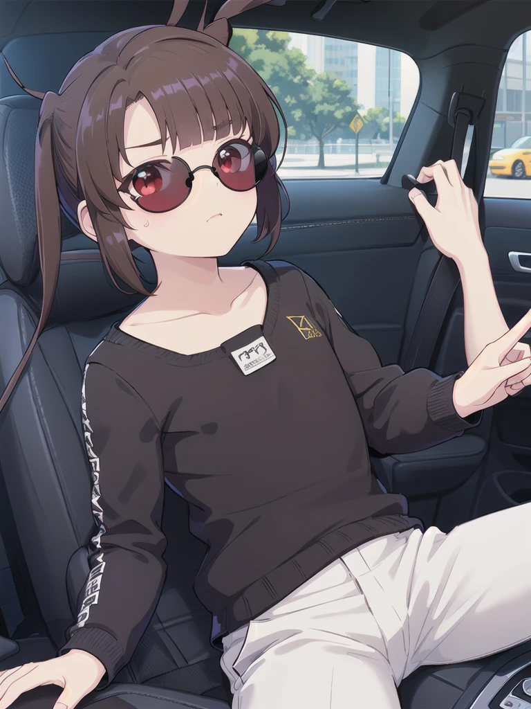 In the car,Convertible,Sitting,((Behind the wheel of a car)),Looking Ahead,driving,1 Girl, 独奏, Red eyes,((Wearing black sunglasses)),, Twin tails, brown hair,crawling,((顔 focus)),upper body,black leather jumper,White slacks, bangs, eyebrows visible through hair, Flat Chest,
