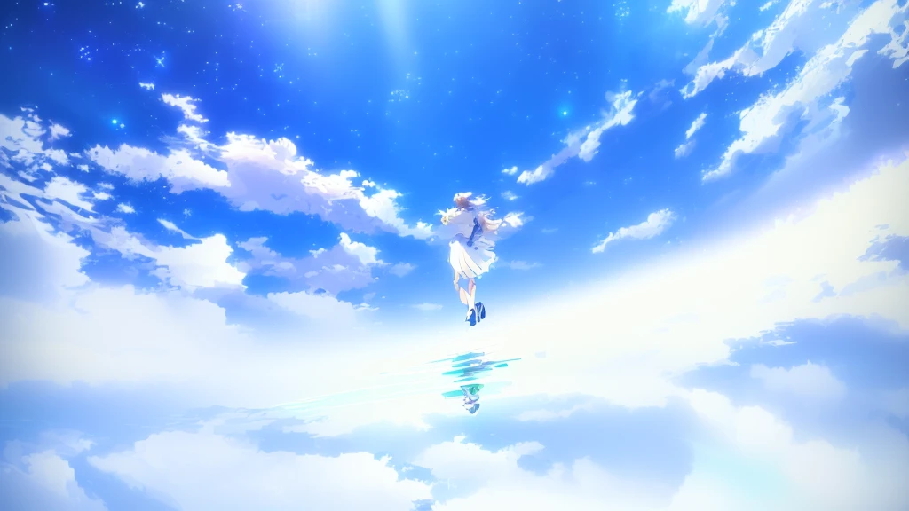anime, A girl in a white dress floats in the water, Makoto Shinkai Cyril Rolland, anime girl walking on water, anime movie background, beautiful anime scene, today's featured anime still, anime film still, screenshot from the anime film, anime still film anime shikishi, star(null) starry_null