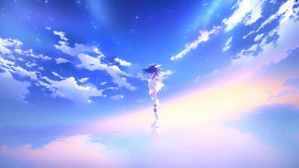 anime, A girl in a white dress floats in the water, Makoto Shinkai Cyril Rolland, anime girl walking on water, anime movie background, beautiful anime scene, today's featured anime still, anime film still, screenshot from the anime film, anime still film anime shikishi, star(null) starry_null
