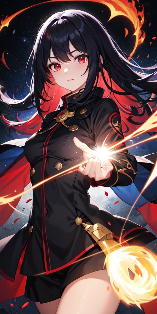 1fille, black har, red eyes, fire witch, 血, light particles, Rayons de lumière, Background'screen, high contrast, colored,