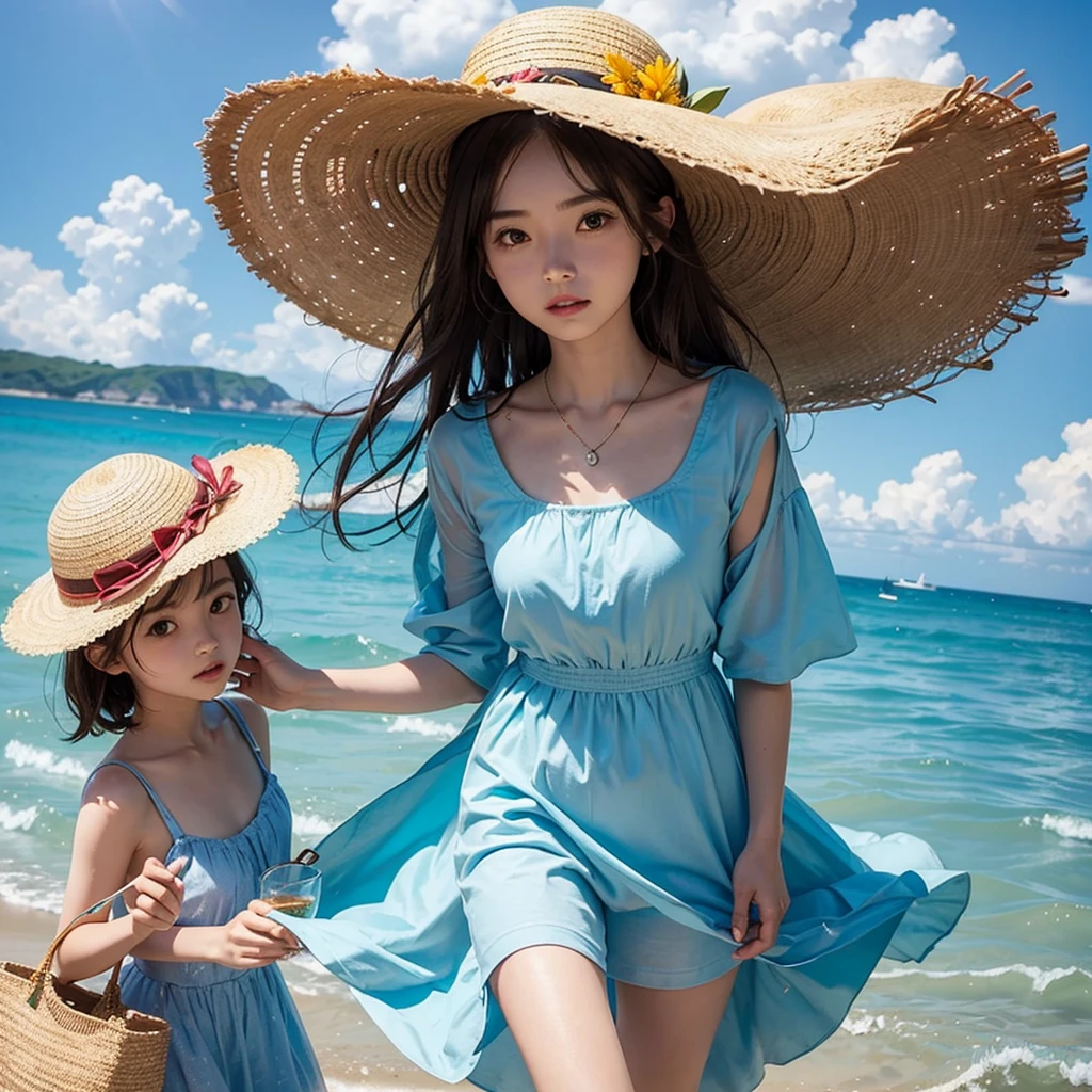 summer,Ocean,PET bottles,tea,Drinking,girl,1 person,cool,Highest quality,sun,blue sky,beach,Straw hat,left side