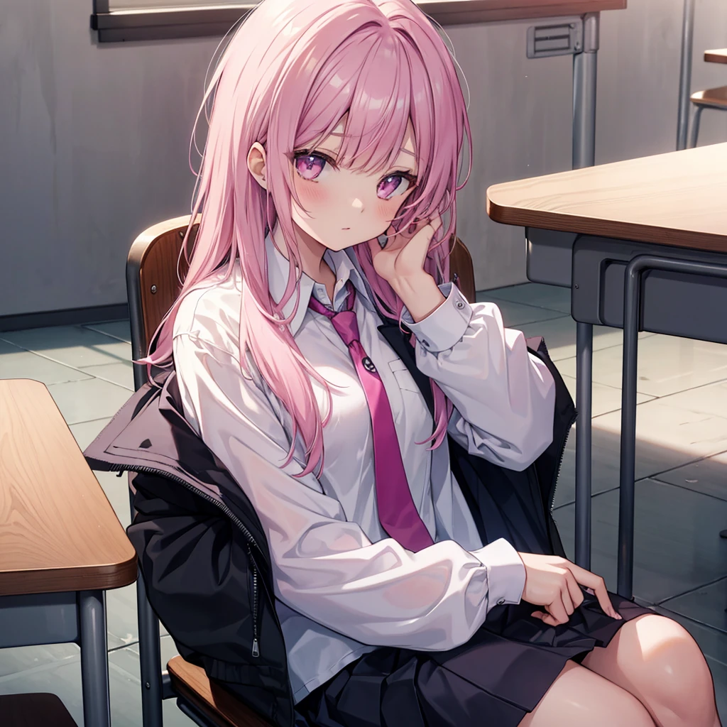 Kyoko DG, One girl, tie, alone, Jacket, shirt, View your viewers, Long sleeve, white shirt, collared shirt, Sitting in a chair, classroom, Pink Blood,