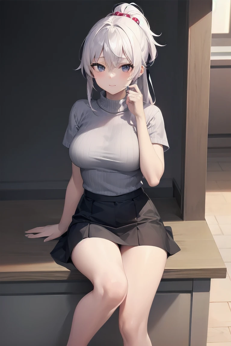 white hair, long hair, hair strand, kanzashi, hair bobbles, uhd, retina, masterpiece, textured skin, high quality, best quality, highres, 8K，22-year-old female university student，black，Medium round breasts，High Ponytail，Light grey sweater，nylon tights，Short sleeve，Short skirt，Slender legs，Elegant posture，Tempting， Tuck your sweater into your skirt,。