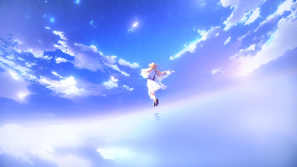 anime, A girl in a white dress floats in the water, Makoto Shinkai Cyril Rolland, anime girl walking on water, anime movie background, beautiful anime scene, today's featured anime still, anime film still, screenshot from the anime film, anime still film anime shikishi, star(null) starry_null