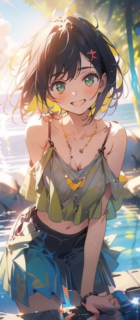 (masterpiece), (highest quality), Ultra-high resolution, Sharp focus, ((1 female, alone)), whole Body, Photo profile shots, Beautiful detailed hair, Chestnut Hair, Fluffy short bob hair, yellow camisole, Black mini skirt, Beautifully detailed face, ((Beautifully shaped eyes, Green Eyes)), Perfect feminine face, Comfortable face, View Viewer, smile, Open your lips, sea in the morning clouds, meteor, Comfortable clothing for cloudy days, leaning forward pose, sexy